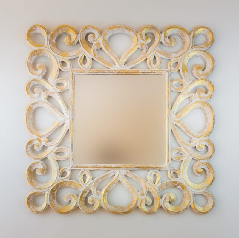 Espejo decorativo de madera Almora de 80x80cm en blanco y pan de oro