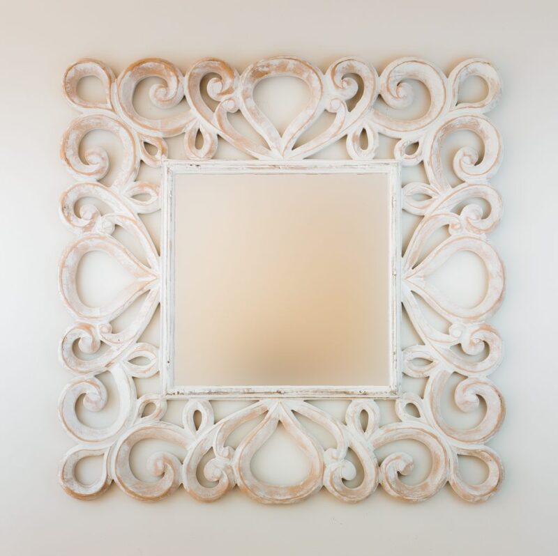 Espejo decorativo de madera Almora de 80x80cm en Blanco decapado