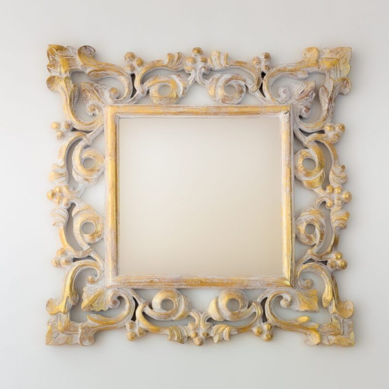 Espejo decorativo de madera Gada Warta de 60x60cm en blanco y pan de oro