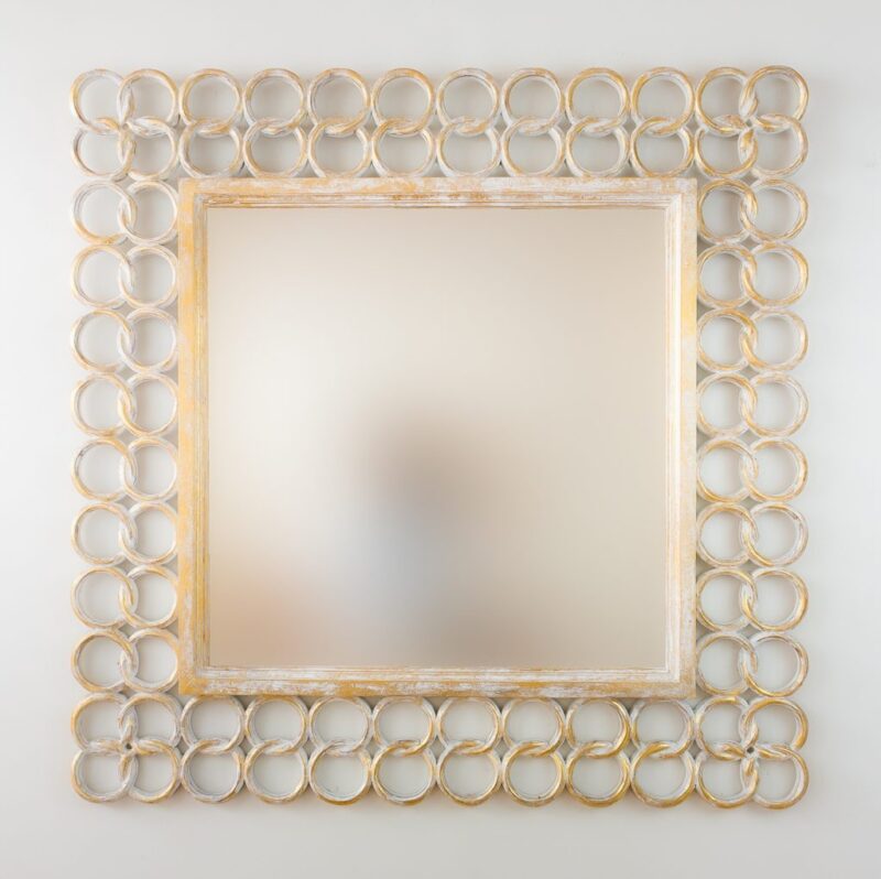 Espejo decorativo de madera Gold Chain de 100x100cm en blanco y pan de oro