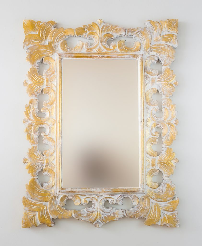 Rococo Espejo Decorativo de Madera Gada Warta de 60x60cm en Blanco y Pan de Oro 