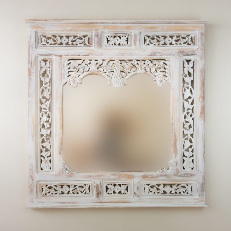 Espejo decorativo de madera Nanas Teca de 100x100cm en Blanco decapado