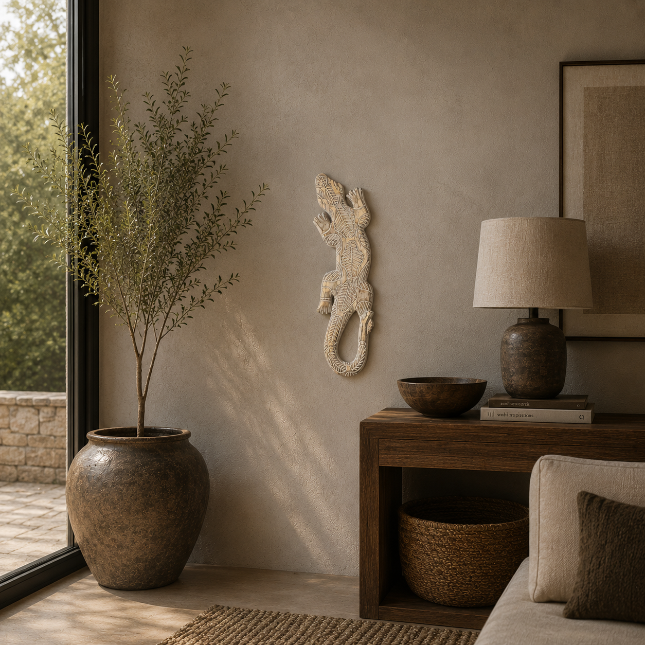Gecko de madera decorativo Figura Gecko Gold de madera y 50cm