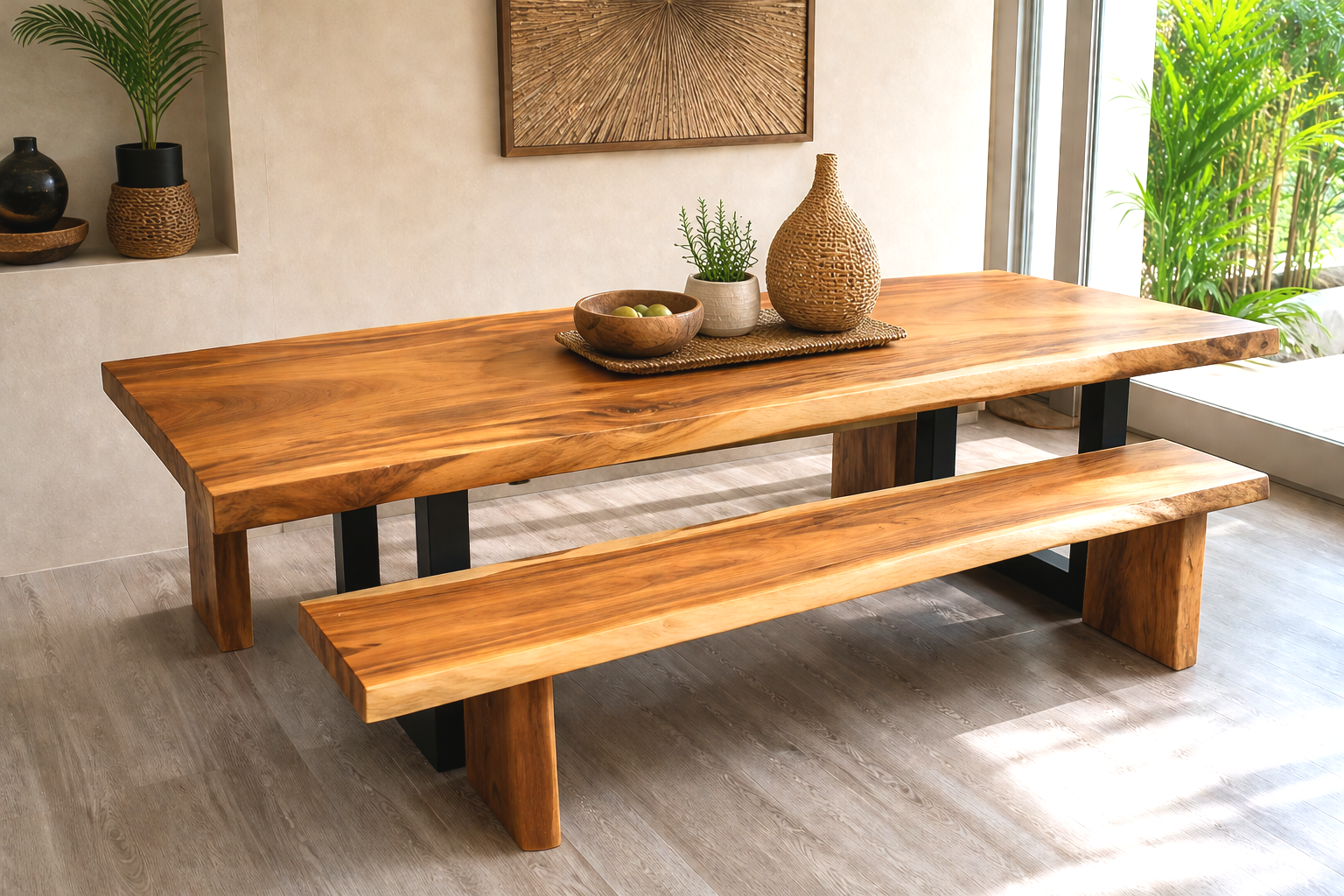 Bancos de Madera de suar Bancos de Suar rústicos de madera maciza con pata de madera de 2 metros