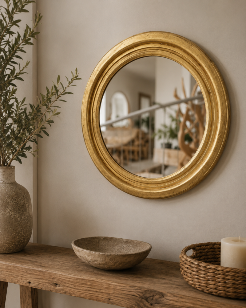 Espejo decorativo de madera Round Polos de 60x60 en Oro (envejecido)