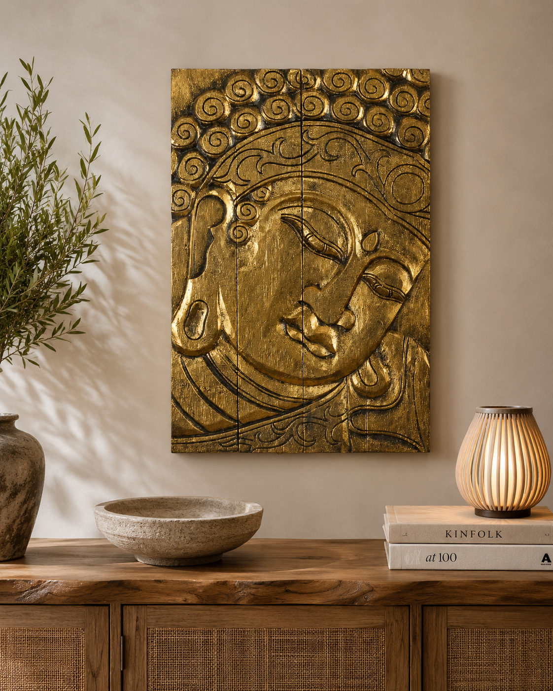 Buda 60x40 oro Panel decorativo Buda en madera acabado oro antiguo de 60x40cm