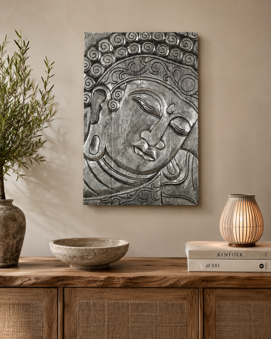 Buda 60x40 plata Panel decorativo Buda en madera acabado plateado de 60x40cm