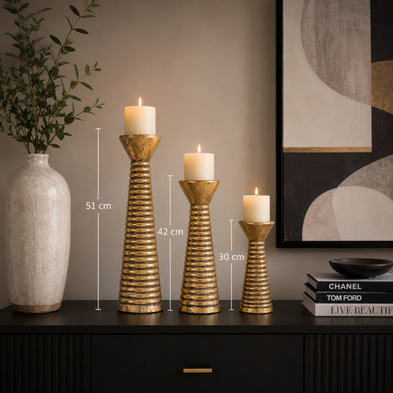 Candelabro Garis de madera, acabado oro envejecido
