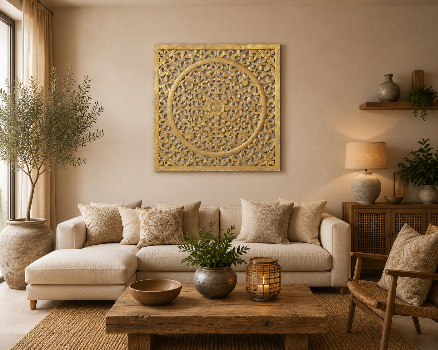 mandala 100x100 pan de oro Panel mural decorativo Decowall Small de 100x100 en Blanco y Pan de oro