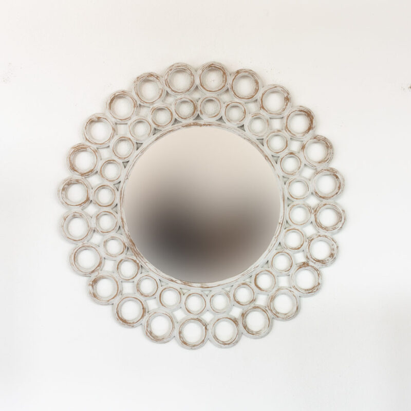 Espejo decorativo de madera Round Gold Ring de 80x80cm en Blanco decapado