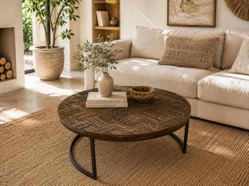 Mesa café redonda de madera tallada y hierro de 95cm (LIQUIDACIÓN)