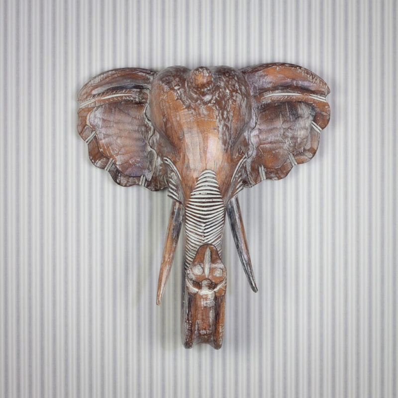 Figura elefante tallada a mano para pared, de 50x45cm y acabado en madera con decapado, muy original y decorativa.