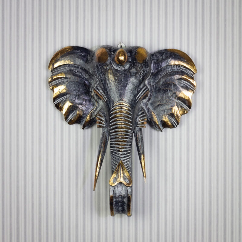 Figura elefante tallada a mano para pared, de 50x45cm y acabado en madera con decapado negro y pan de oro