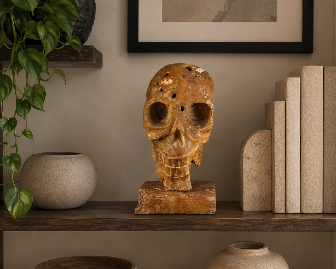 Figuara calavera teca 3 Calavera decorativa tallada en Teca natural con pedestal