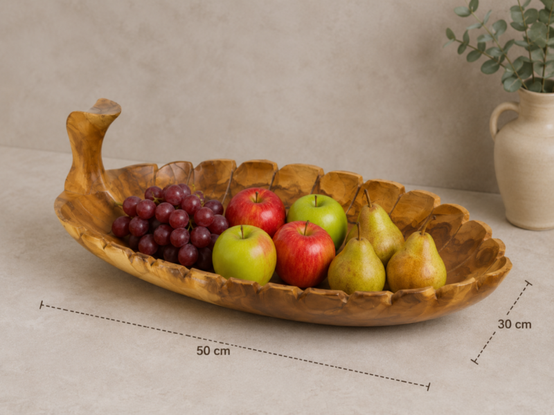 Bol-frutero tallado con forma de hoja en madera de Teca de 55x30cm