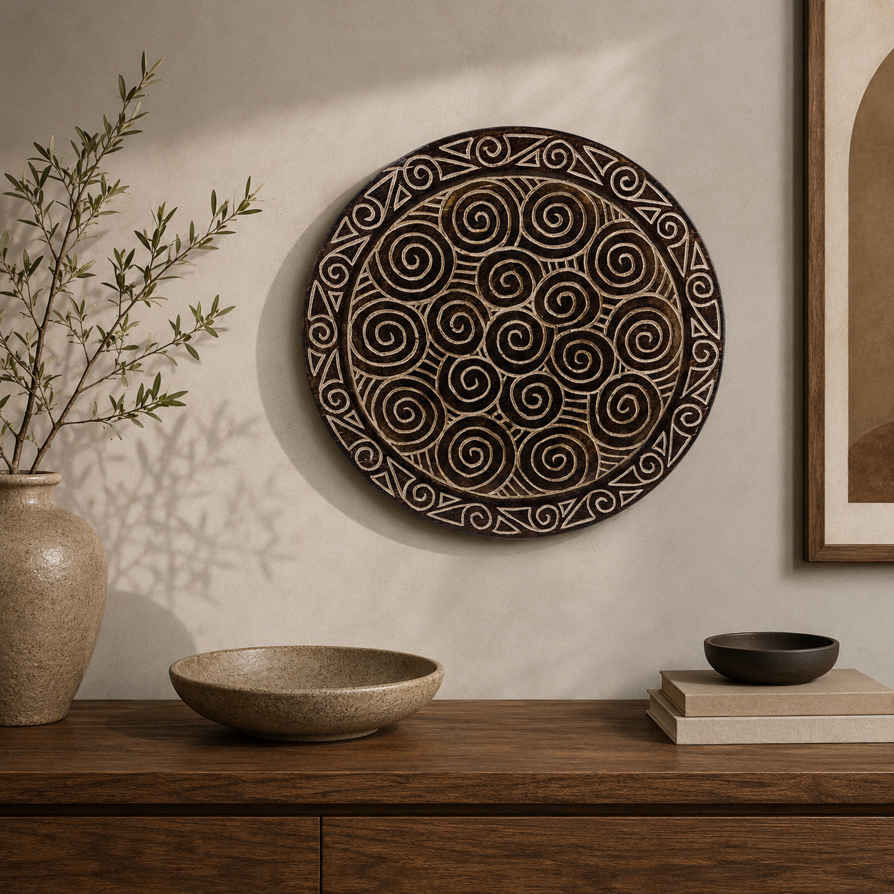plato etnico madera Plato de madera decorativo tallado con motivos circulares étnicos de 40cm