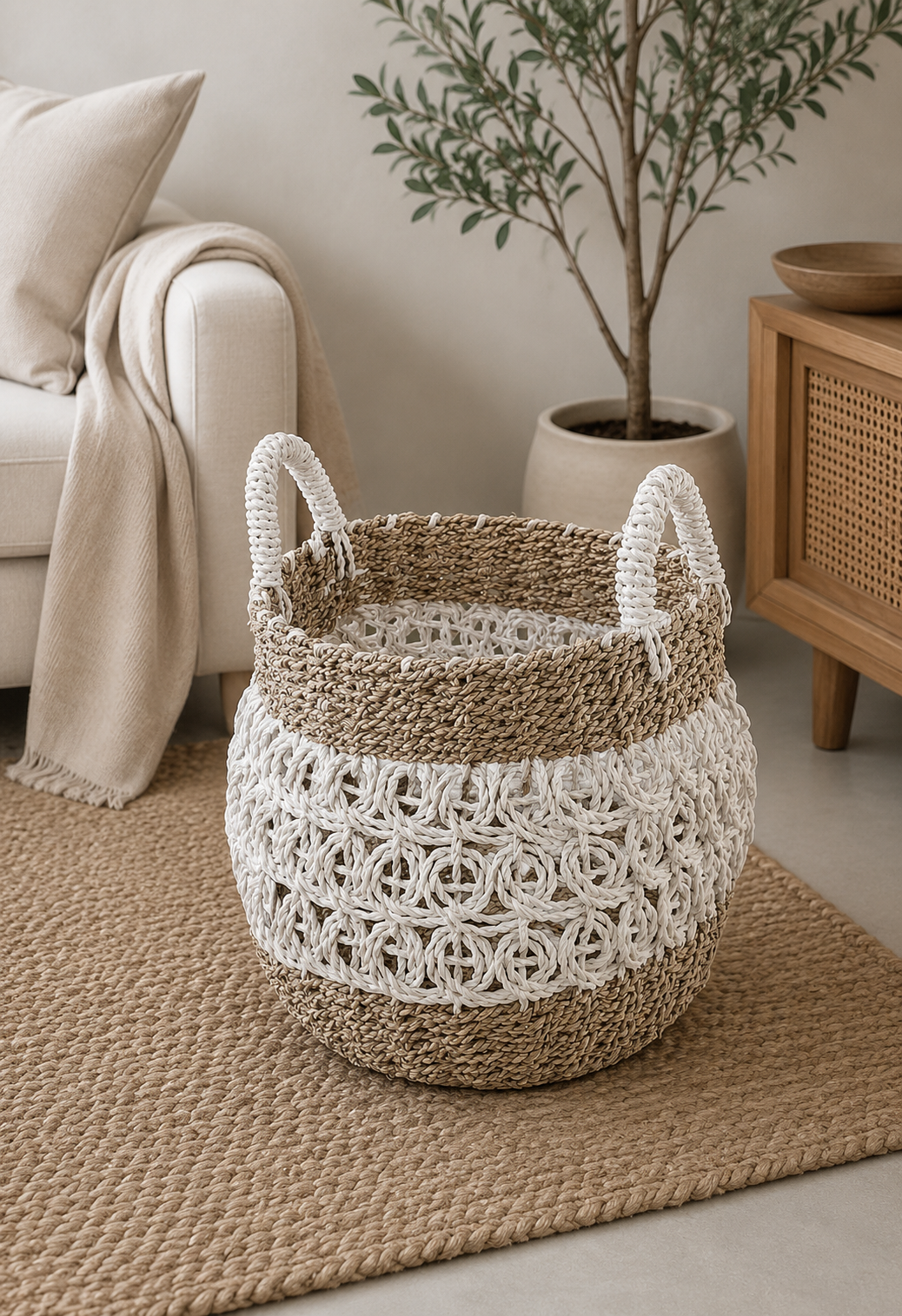 Cesto natural redondo OWL Cestos Seagrass OWL en natural y blanco