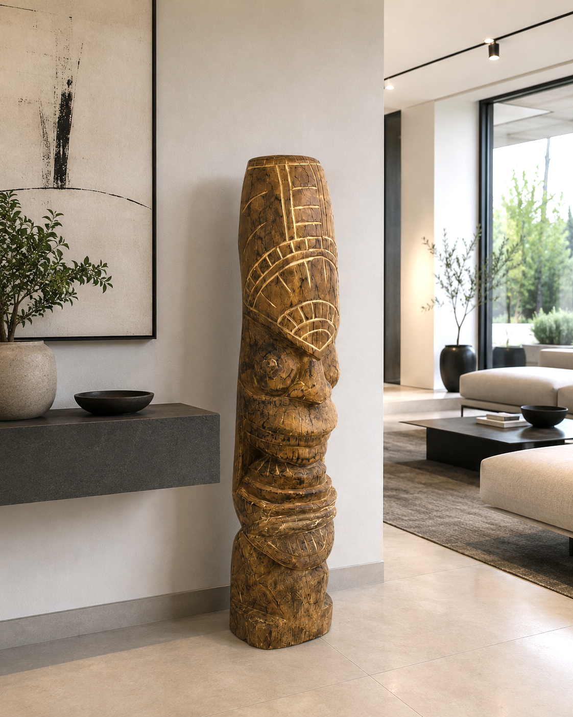 cabeza etnica Escultura tribal sobre tronco de madera maciza tallada de 100cm