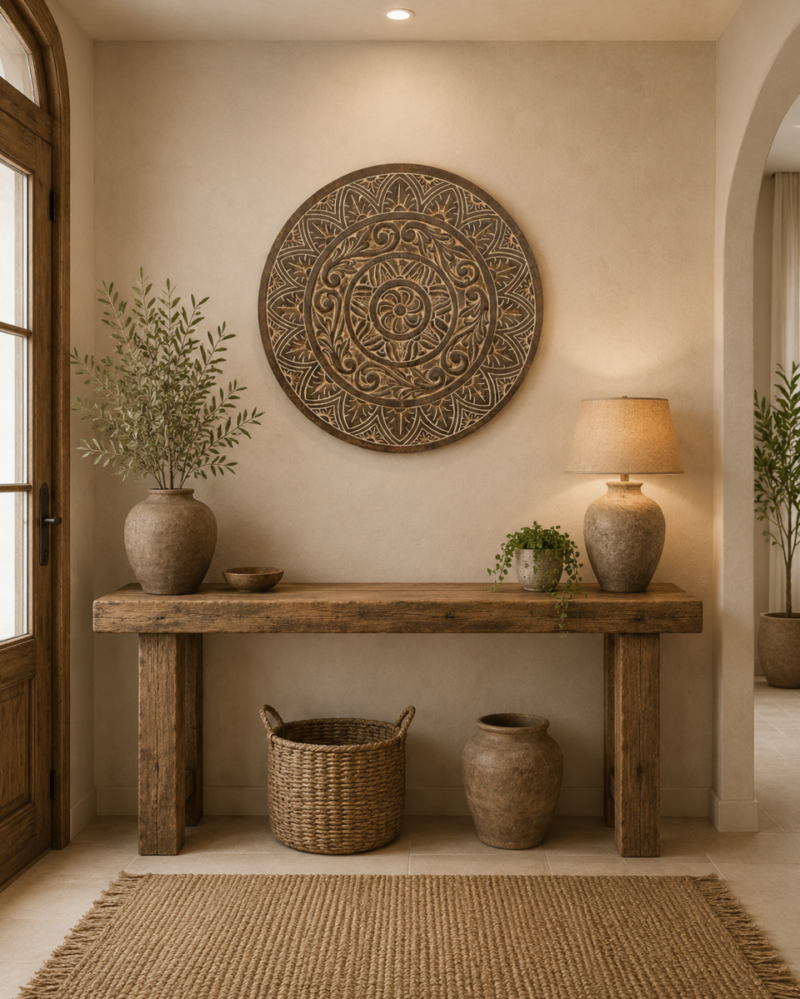 Panel redondo decorativo de 80cm con tallado étnico (pieza única)