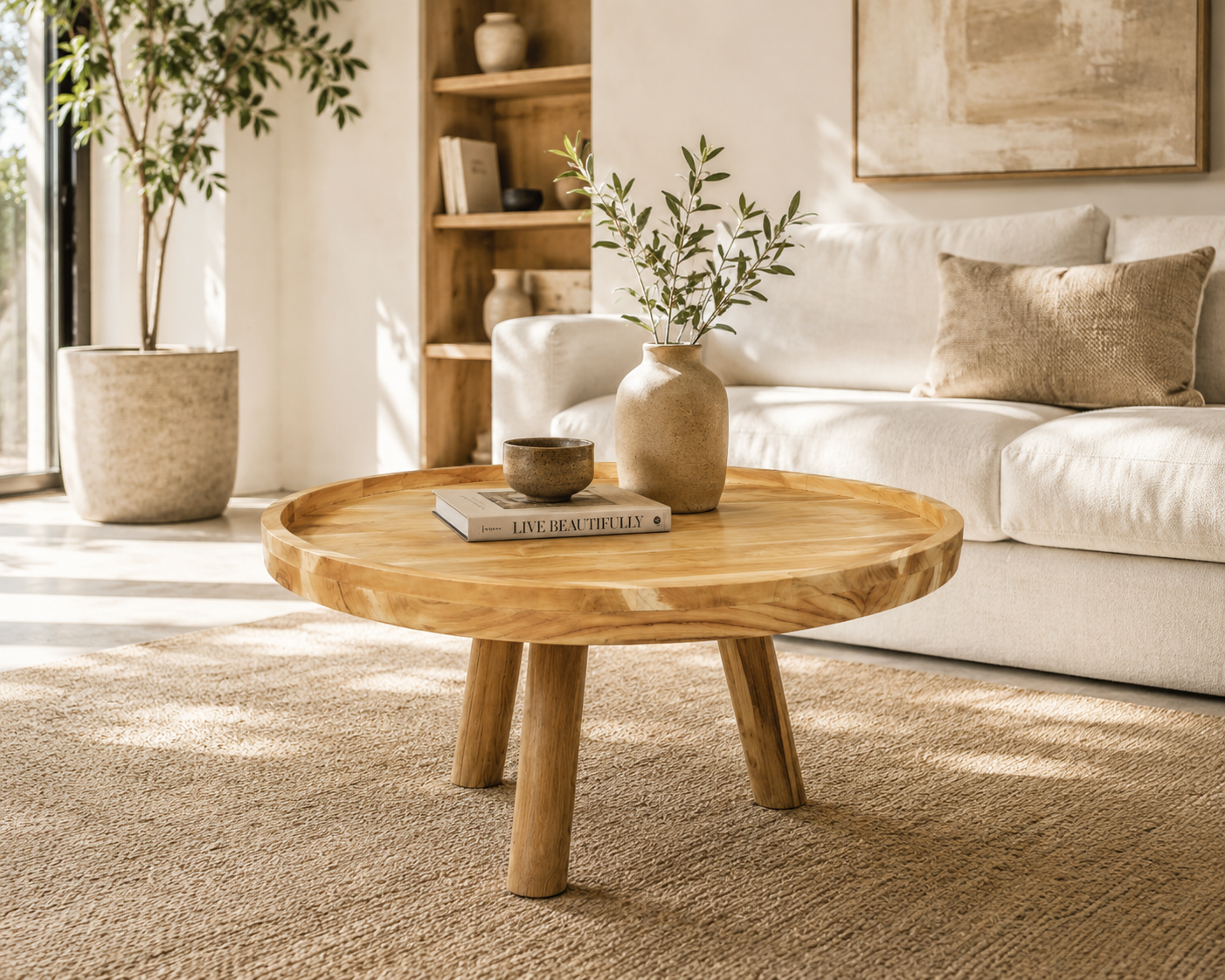 Mesa redondda centro madera de teca Mesa café redonda de madera de Teca natural de 80x40