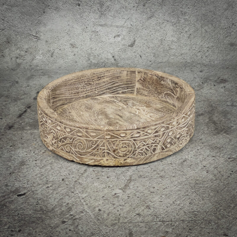 Pieza redonda decorativa "Bol" de madera tallada y decapado blanco de 50x11cm