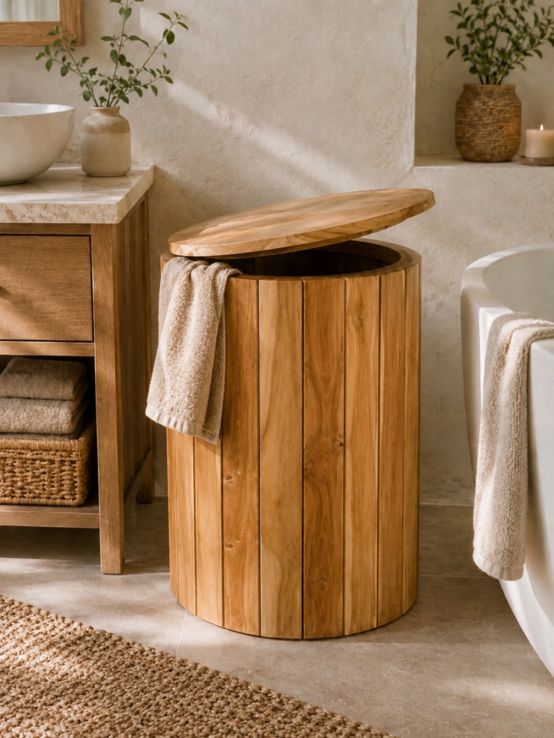 Cesto/mueble de Teca con tapa y espacio interior de 50x60cm (LIQUIDACIÓN)