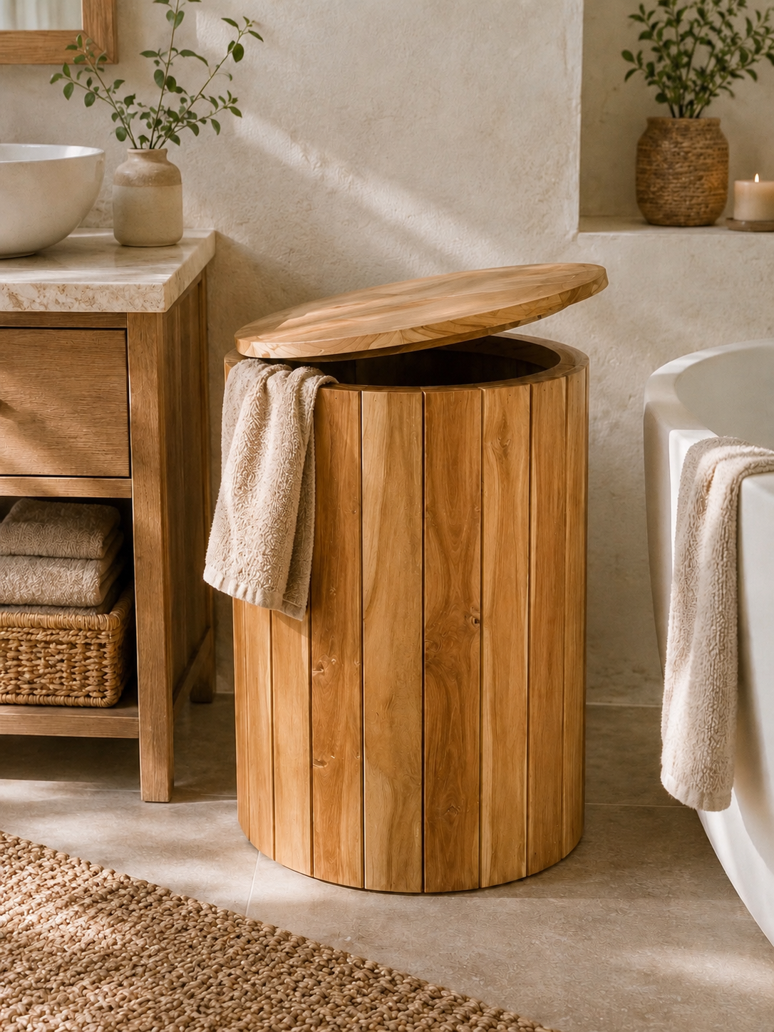 cesto de madera de teca Cesto/mueble de Teca con tapa y espacio interior de 50x60cm (LIQUIDACIÓN)