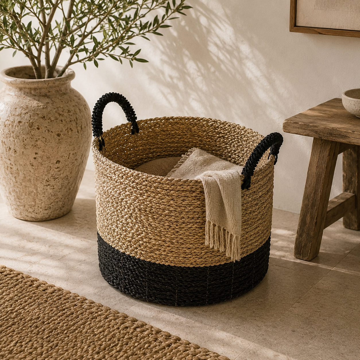 cesto natural-negro 60cm Cesto de fibras naturales Seagrass. Color natural-negro de 40x60cm