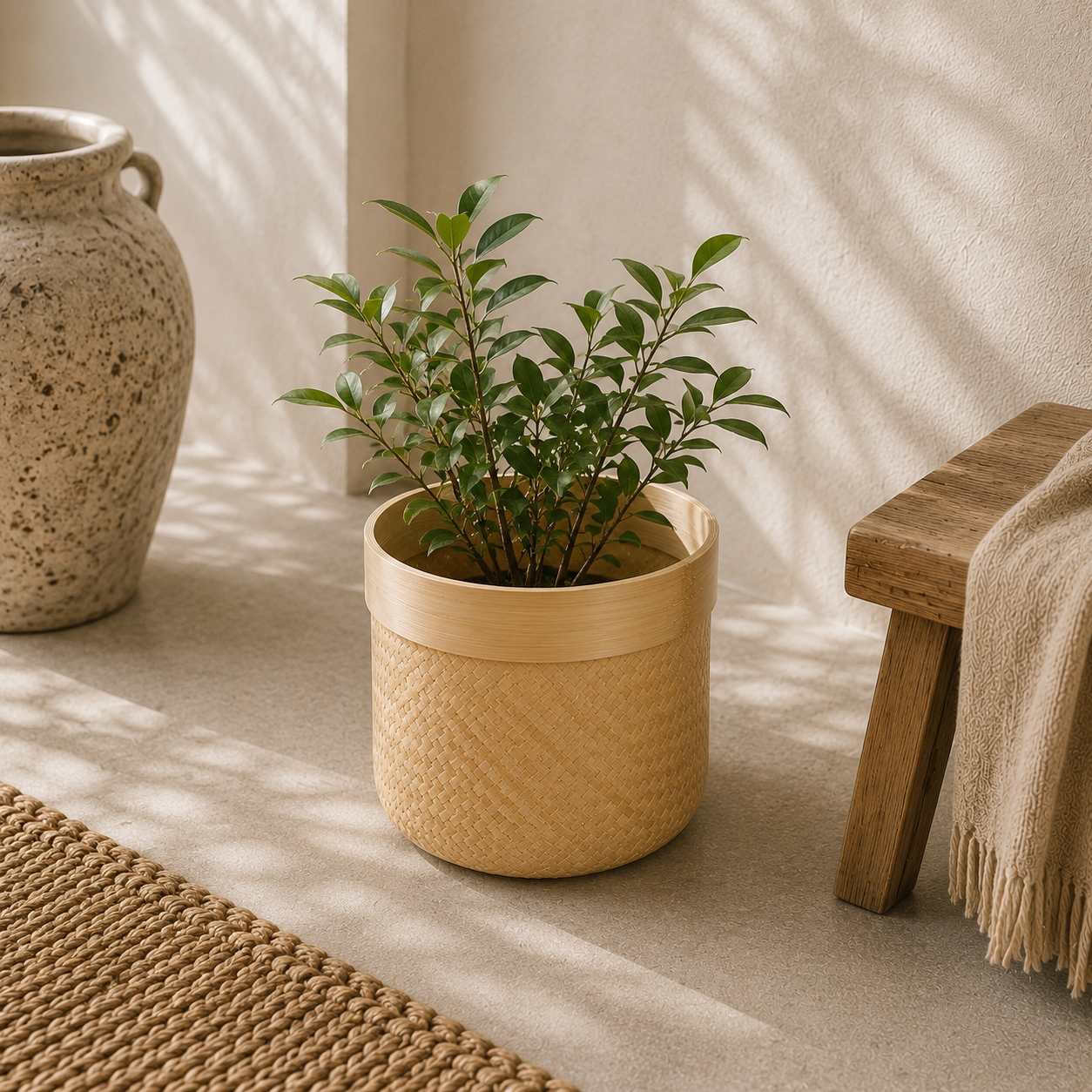 cestro bambu pequeño Cesto redondo de fibras naturales de bambú de 35x30