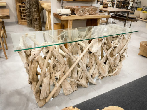 Mesa de maderas de teca reciclada con cristal de 45x160cm