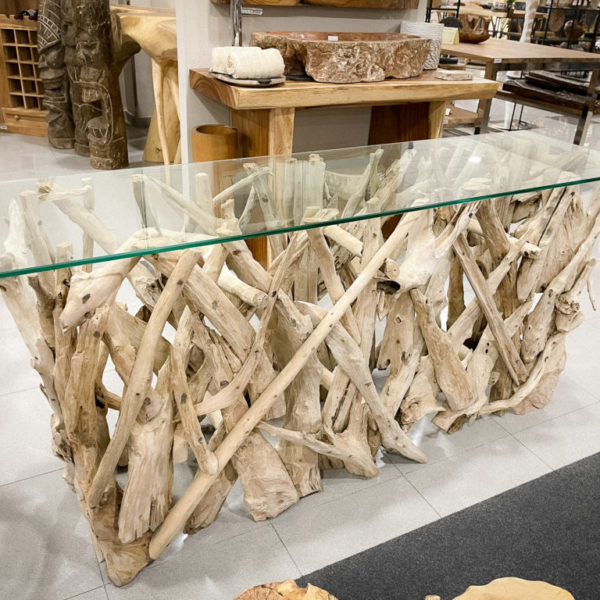 Mesa de maderas de teca reciclada con cristal de 45x160cm