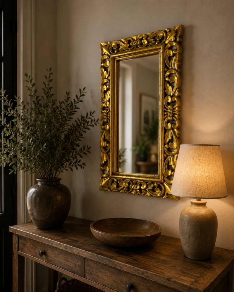 Espejo decorativo de madera Kamblung de 40x70cm en Oro