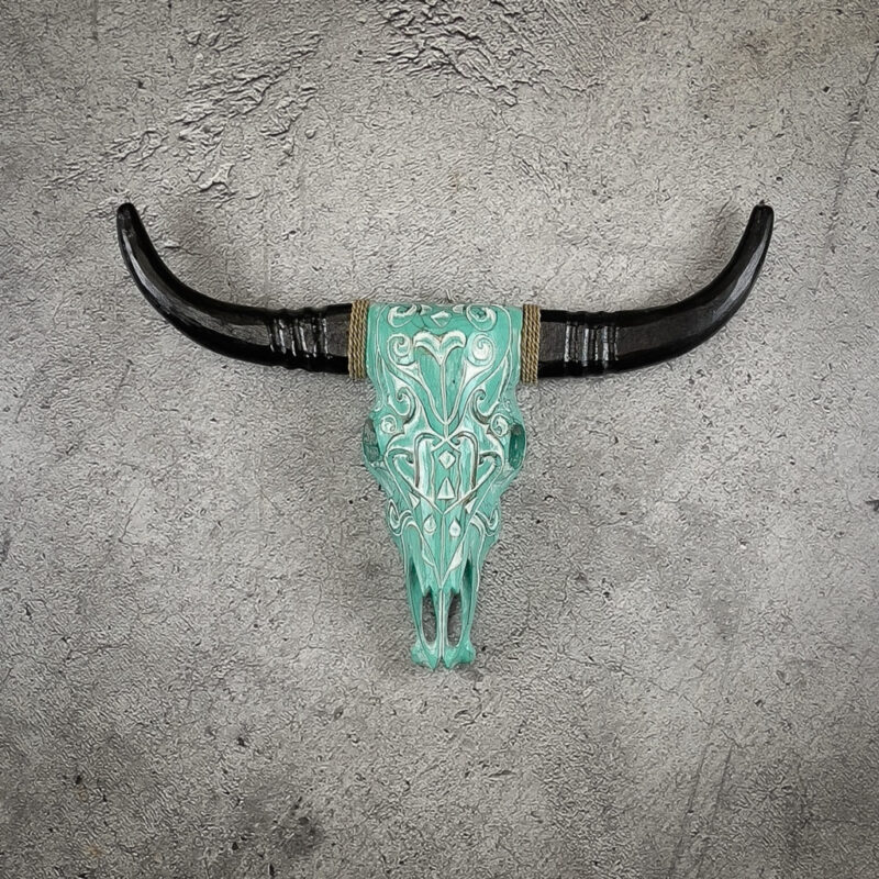 Calavera Bufalo Wall tallada en madera de 70x50cm en acabado azul turquesa