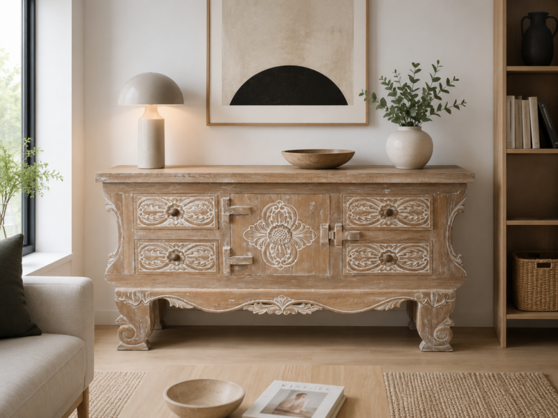 Aparador Balinés de madera de teca tallada maciza natural de 150cm