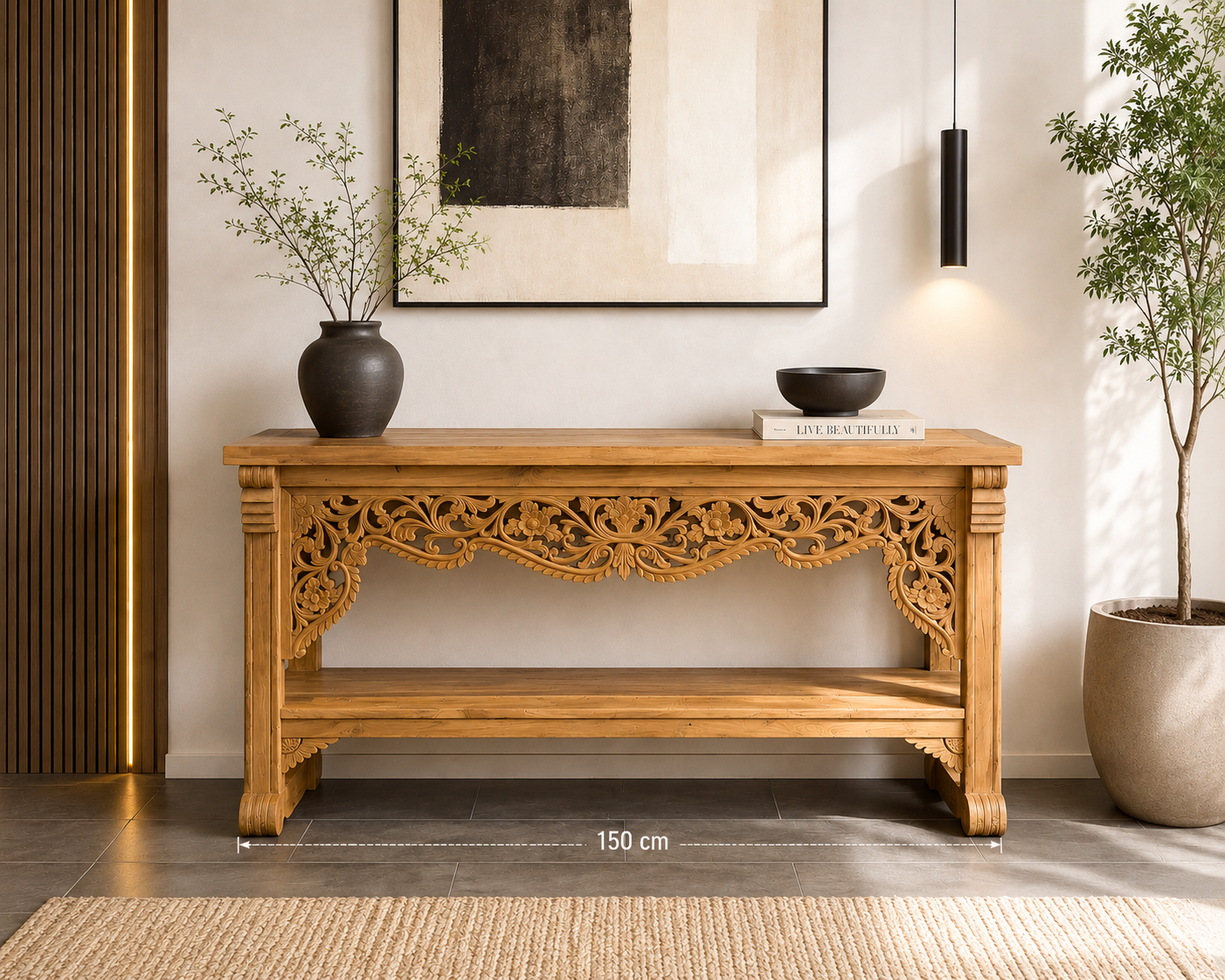 Consola de madera tallada de Teca maciza de 150cm Consola estilo balines de Teca maciza de 150cm
