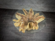Mesa redonda de café de madera de Sono (Rosewood) con cristal de 103cm