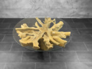 Mesa baja de raíz de Teca natural con cristal de 100cm