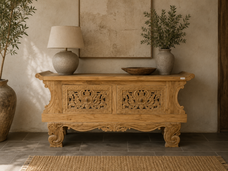 Aparador Balinés tallado de madera de teca maciza natural de 150cm