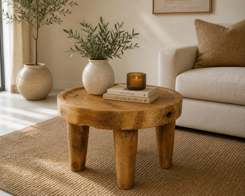 Mesita redonda de madera de teca antigua restaurada de 60 cm