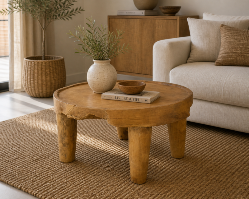 Mesita redonda de madera de teca restaurada de 60 cm