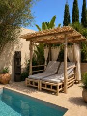 Gazebo Cama Balinesa de troncos de Teca para exterior. Doble cama con cortinas
