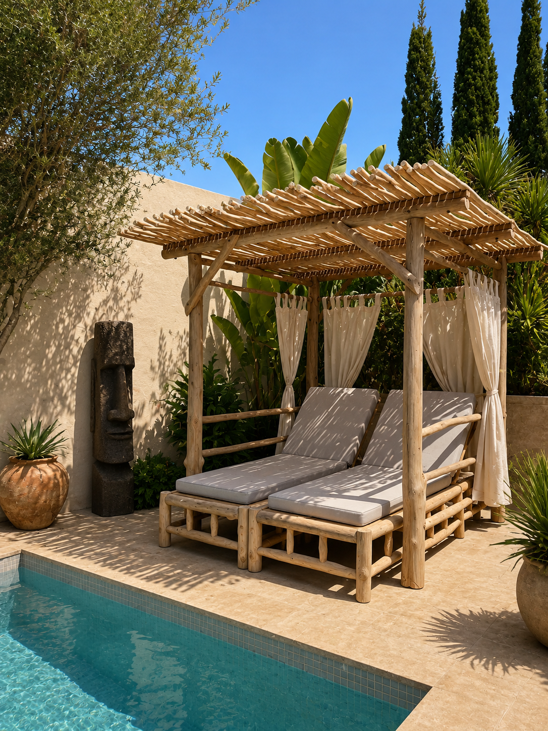Gazebo cama balinesa Gazebo Cama Balinesa de troncos de Teca para exterior. Doble cama con cortinas