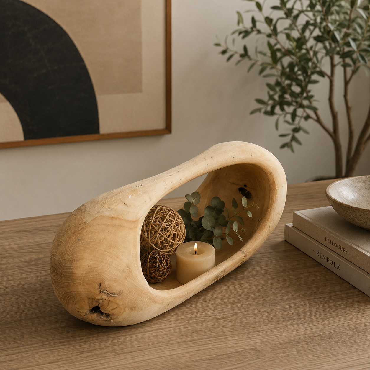 Bol con asa integrada Bol decorativo de Teca restaurada con asa integrada de 40cm