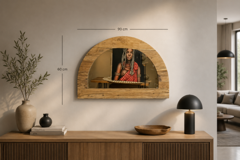 Espejo semicículo de madera de Teca restaura de 90x62cm