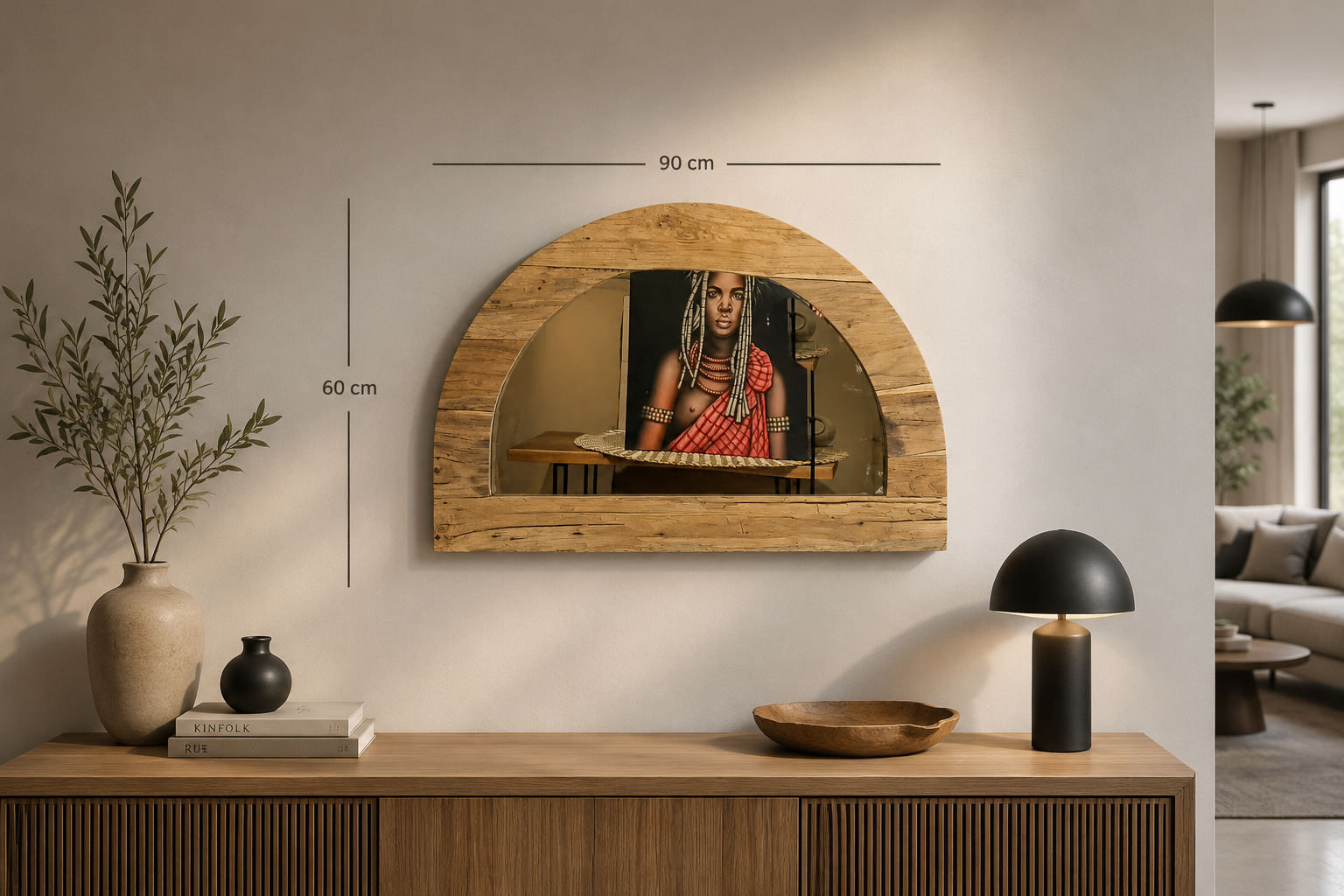 Espejo media luna Espejo semicículo de madera de Teca restaura de 90x62cm