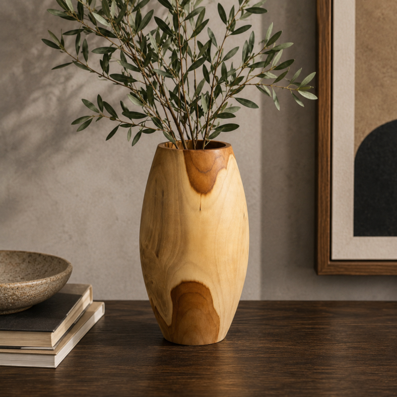 Jarrrón decorativo en madera maciza de Teca de 40cm
