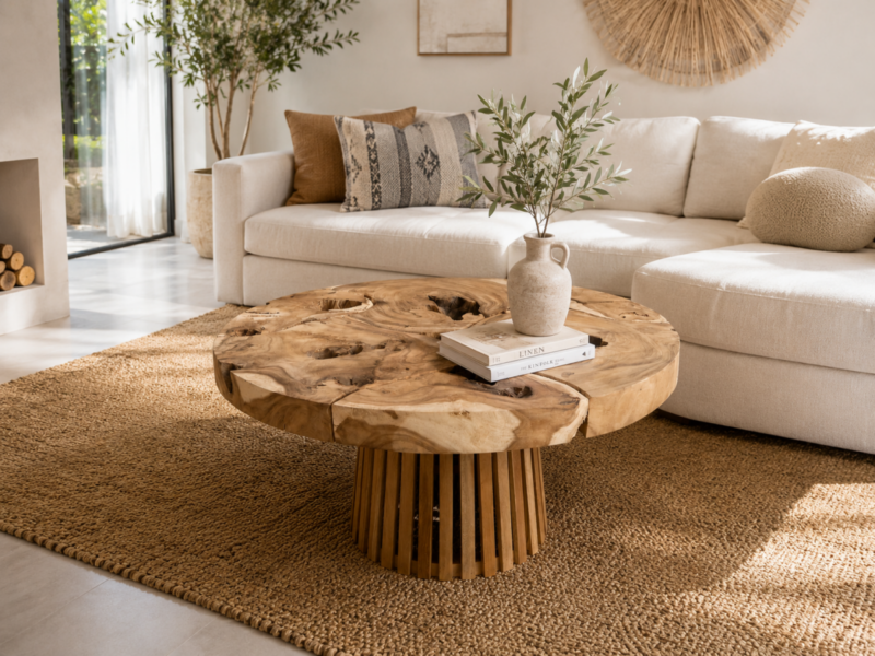Mesa café de madera de Suar de 80cm con pie de madera de Teca