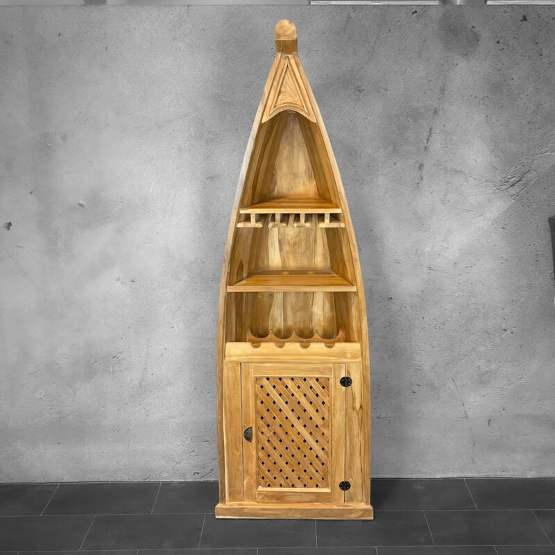 Mueble bar botellero tipo barca de madera de Teca natural maciza de 200cm con puertas
