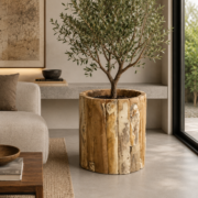 cubo maceta teca rustica Auxiliar decorativo en troncos madera restaurada de Teca de 60cm