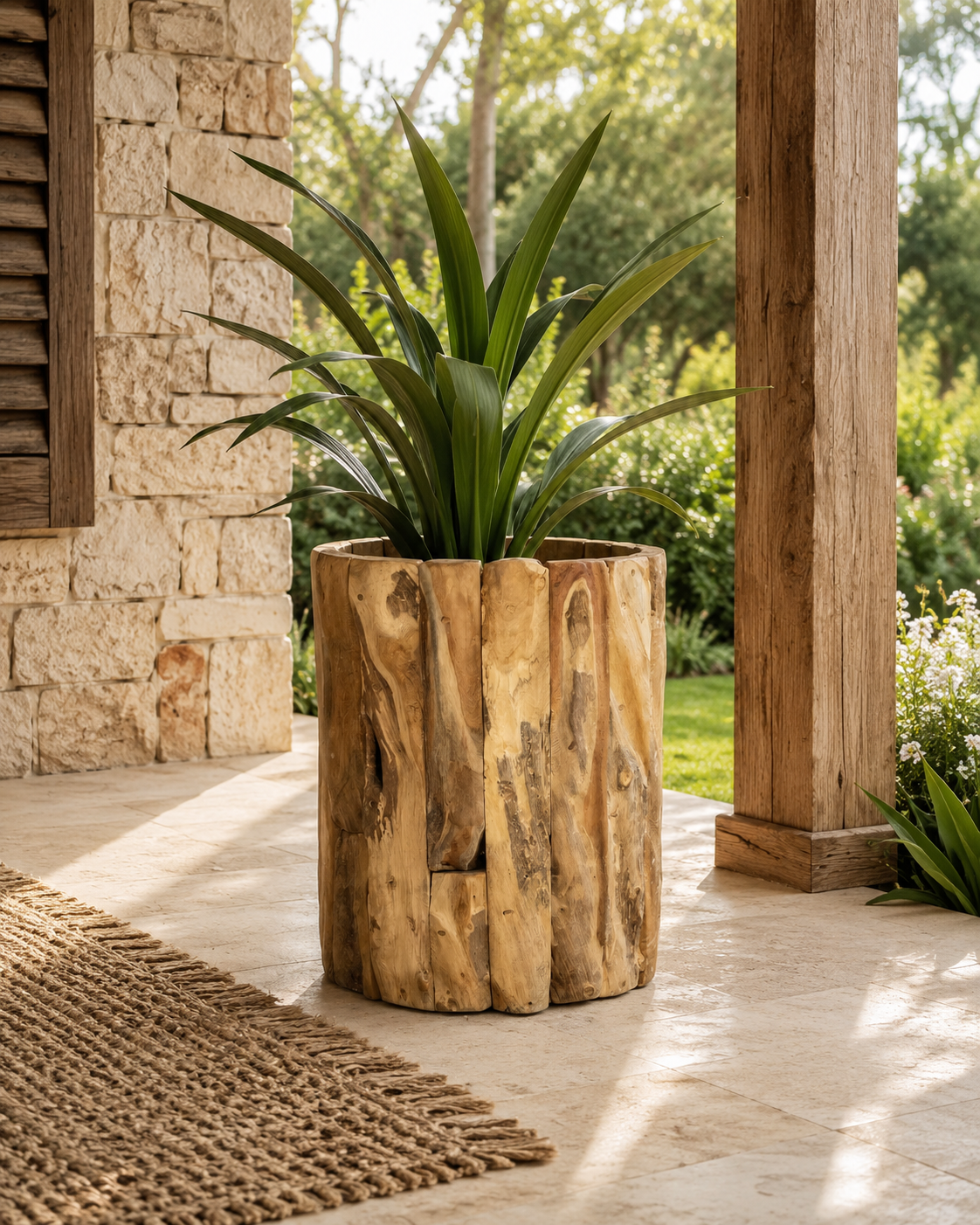 cubo maceta teca rusticaa Auxiliar decorativo en troncos madera restaurada de Teca de 60cm